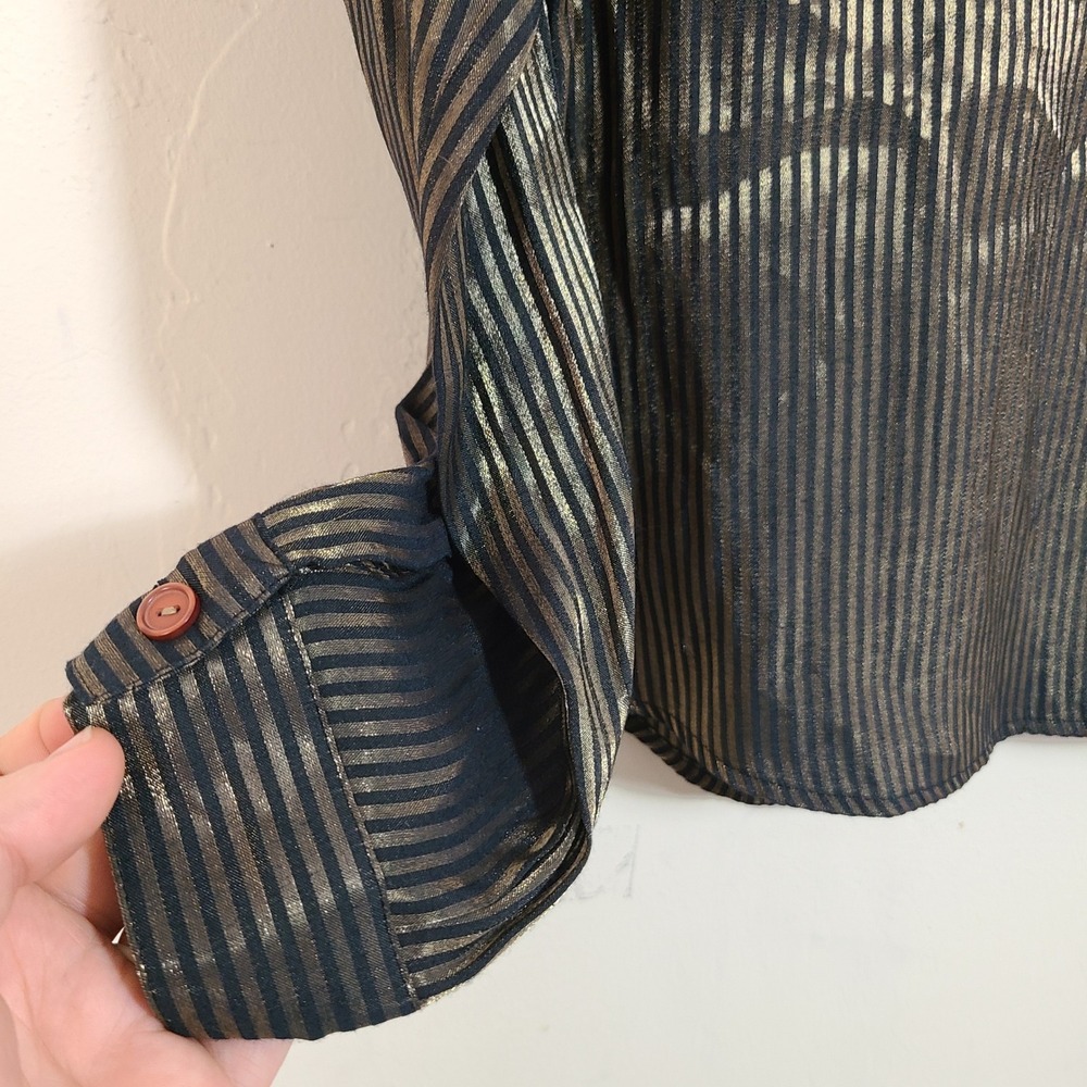Vtg Gold Black Striped Button Down Long Sleeve Shirt L Metallic Y2K Indie Sleaze - Picture 6 of 9